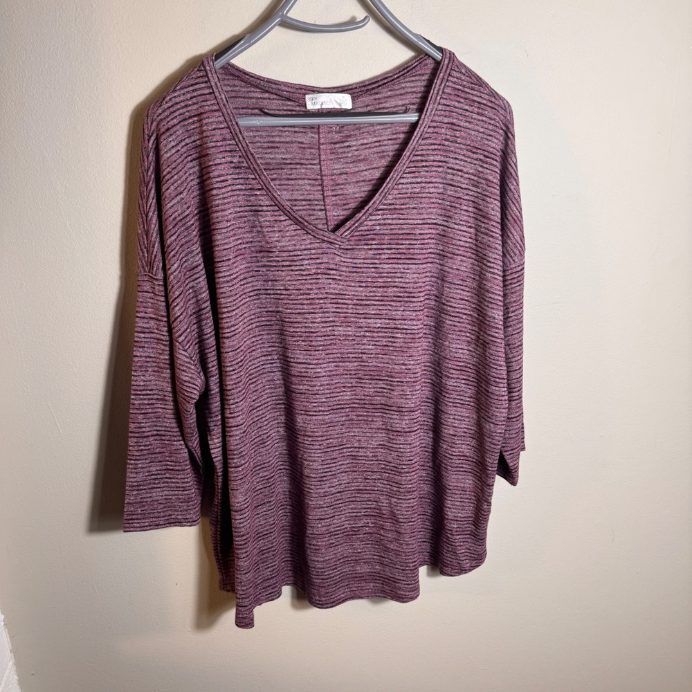 89th + Madison Women's 1X Pink Black Striped V-Neck Button Back Knit Top